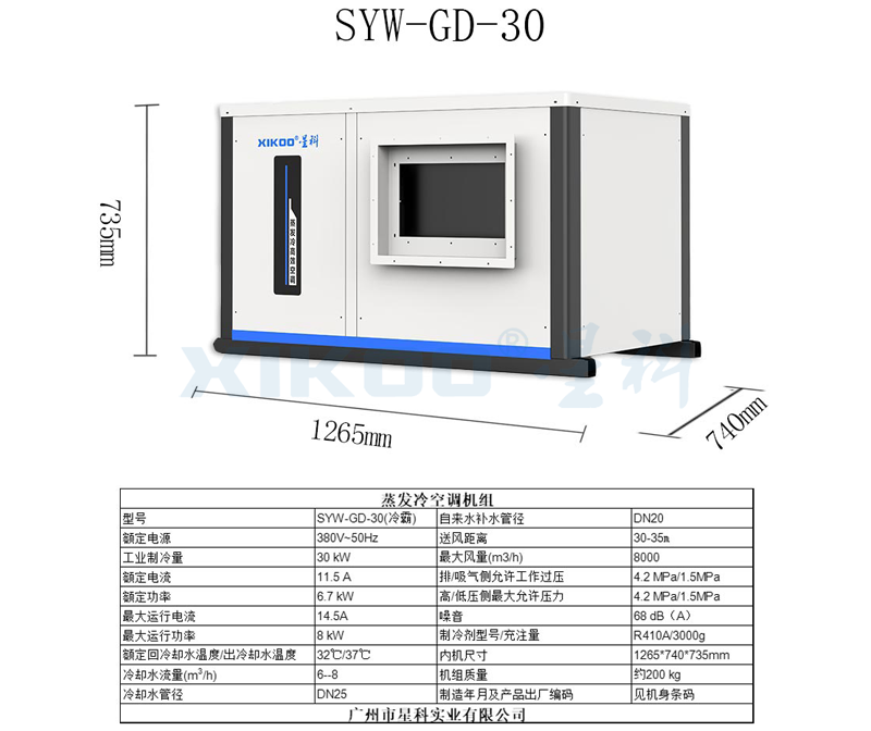 工業蒸發冷省電空調SYW-GD- 30（掛式管道送風）產品參數